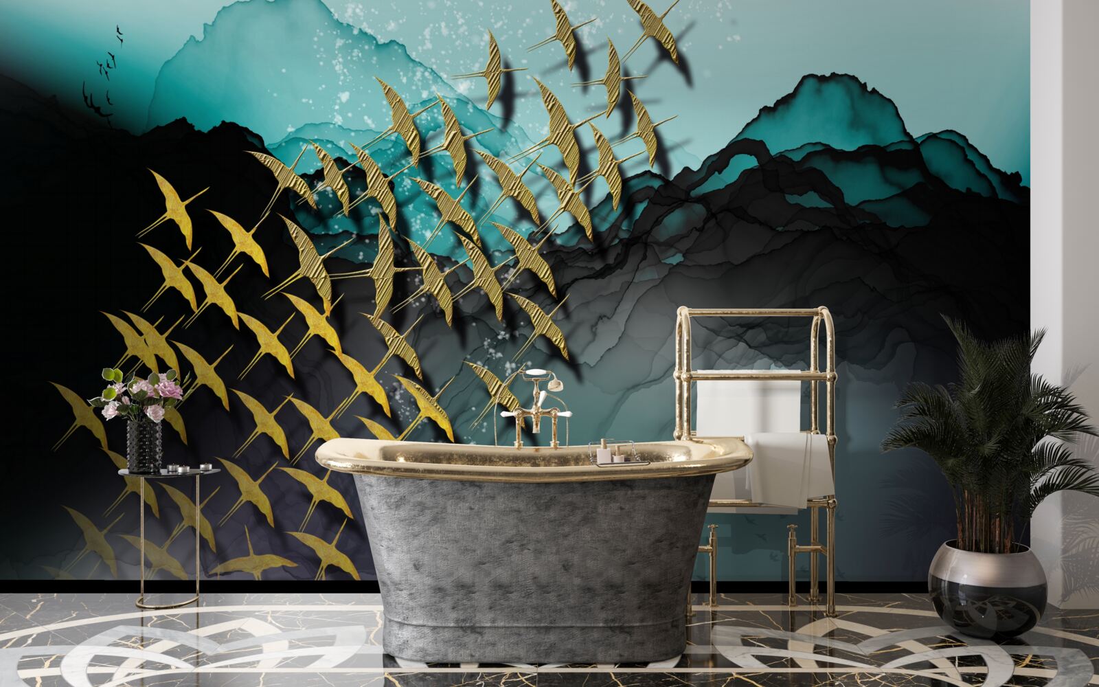 Fototapeta grupa ptaków lecących o zmierzchu