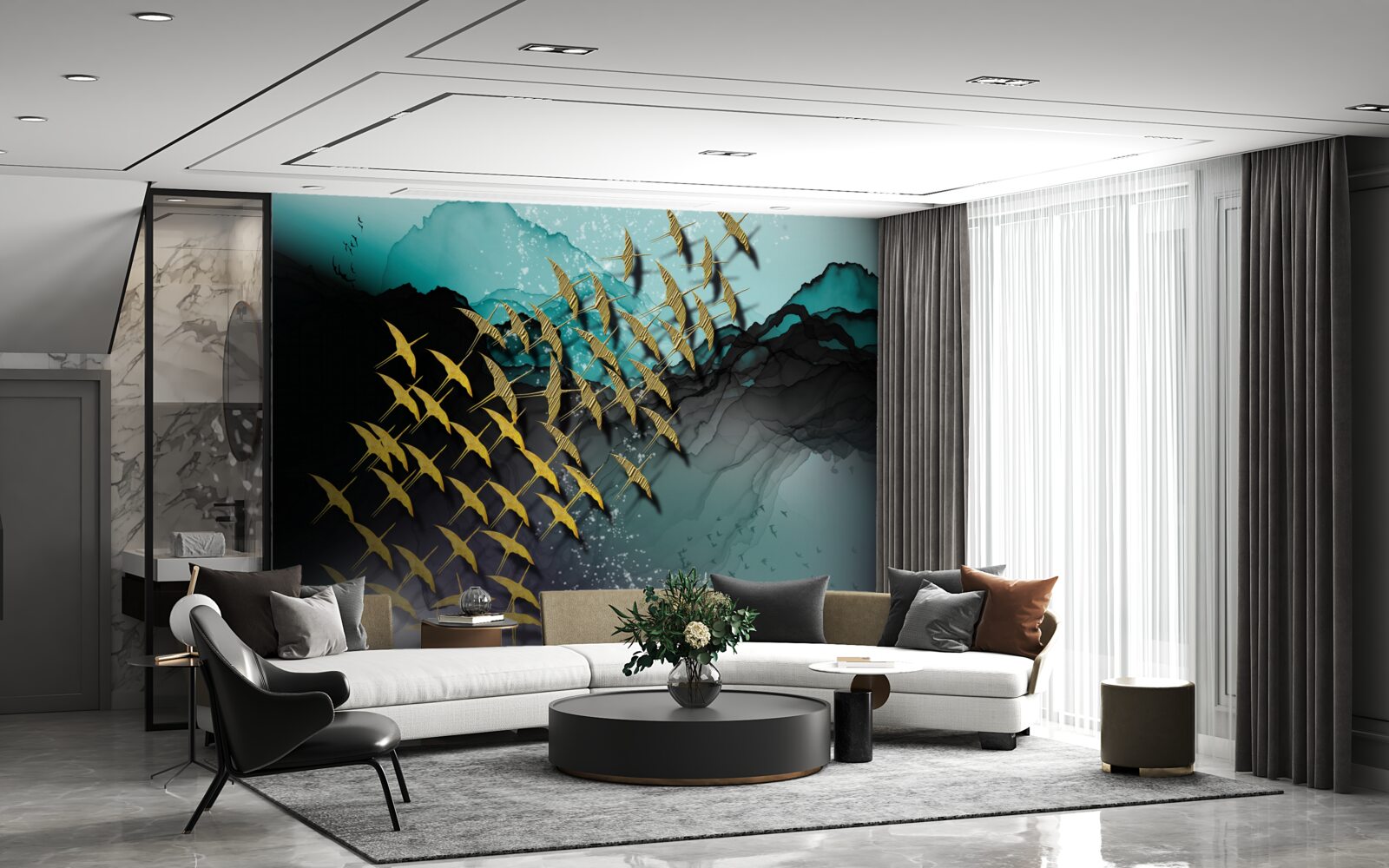 Fototapeta grupa ptaków lecących o zmierzchu