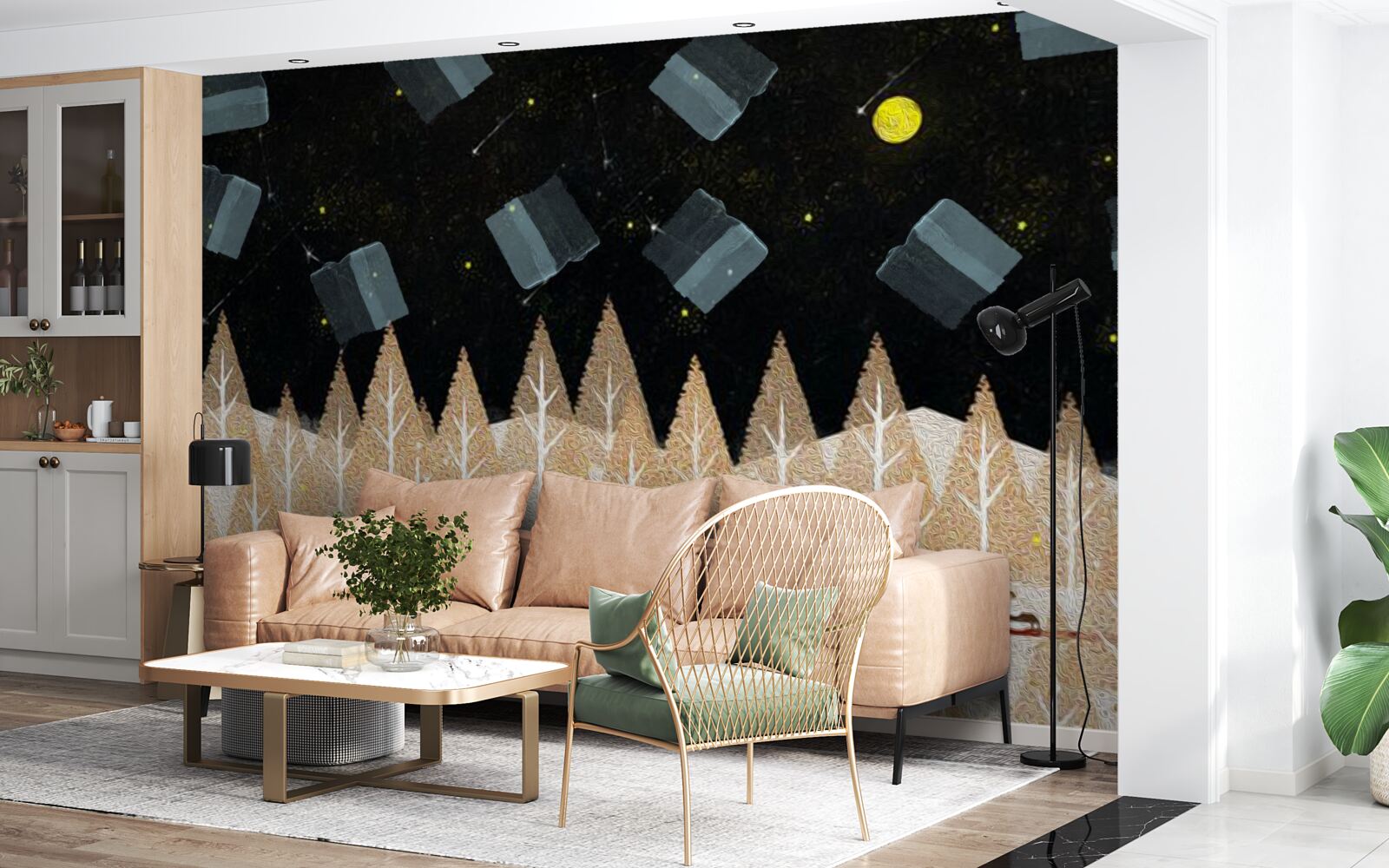 Fototapeta metafizyczny las w ciemnych i świecących gwiazdach