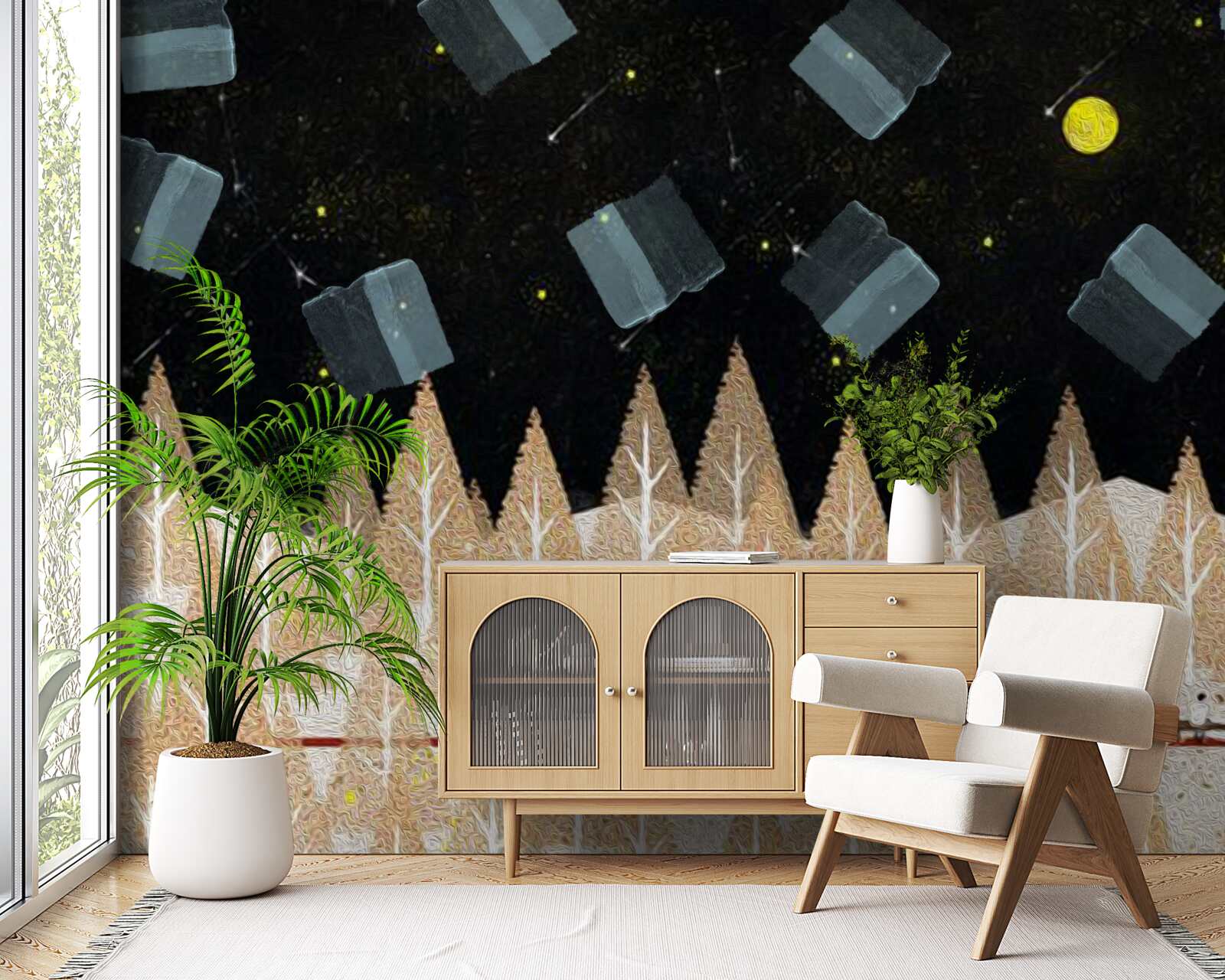 Fototapeta metafizyczny las w ciemnych i świecących gwiazdach