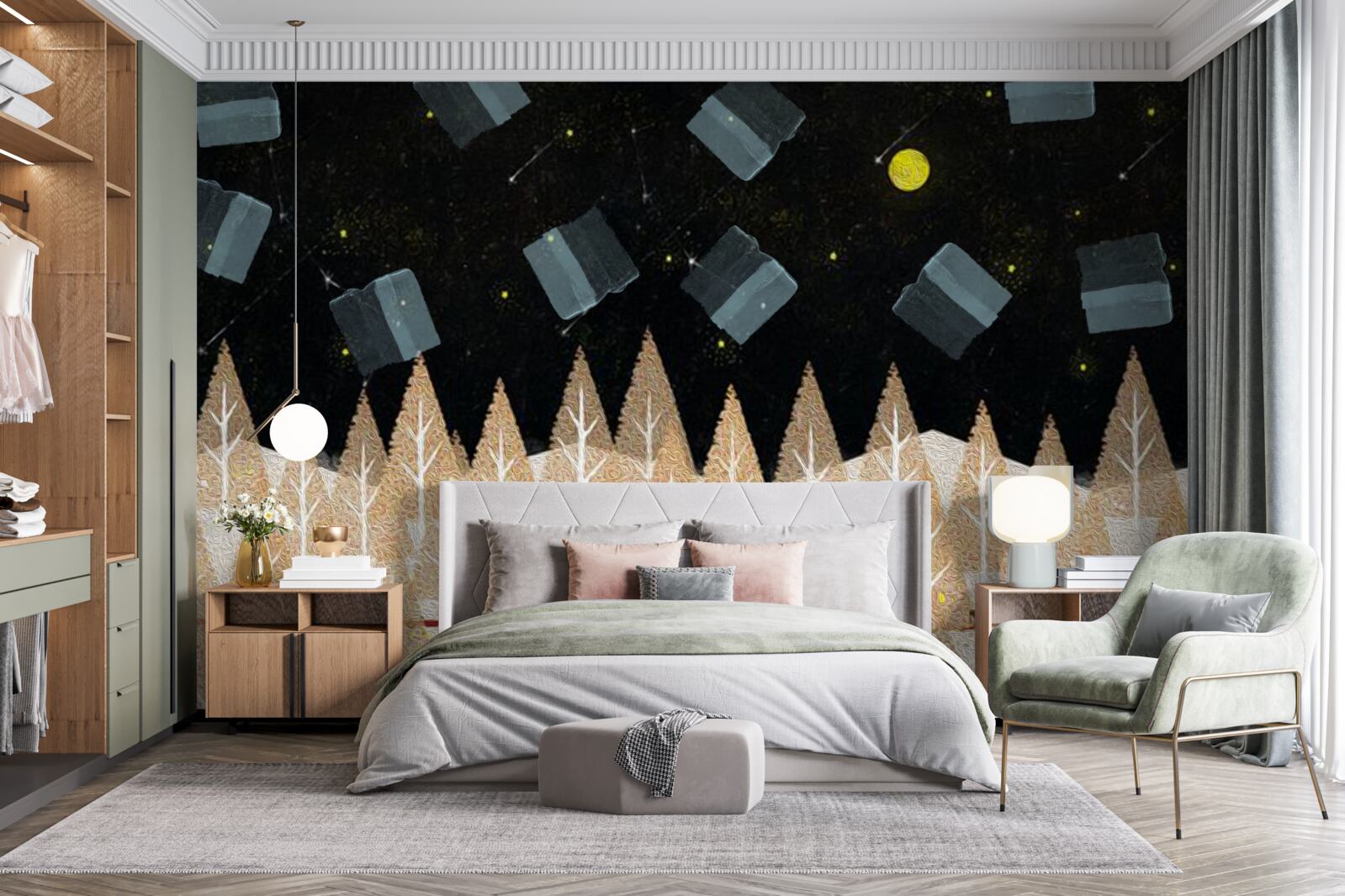 Fototapeta metafizyczny las w ciemnych i świecących gwiazdach