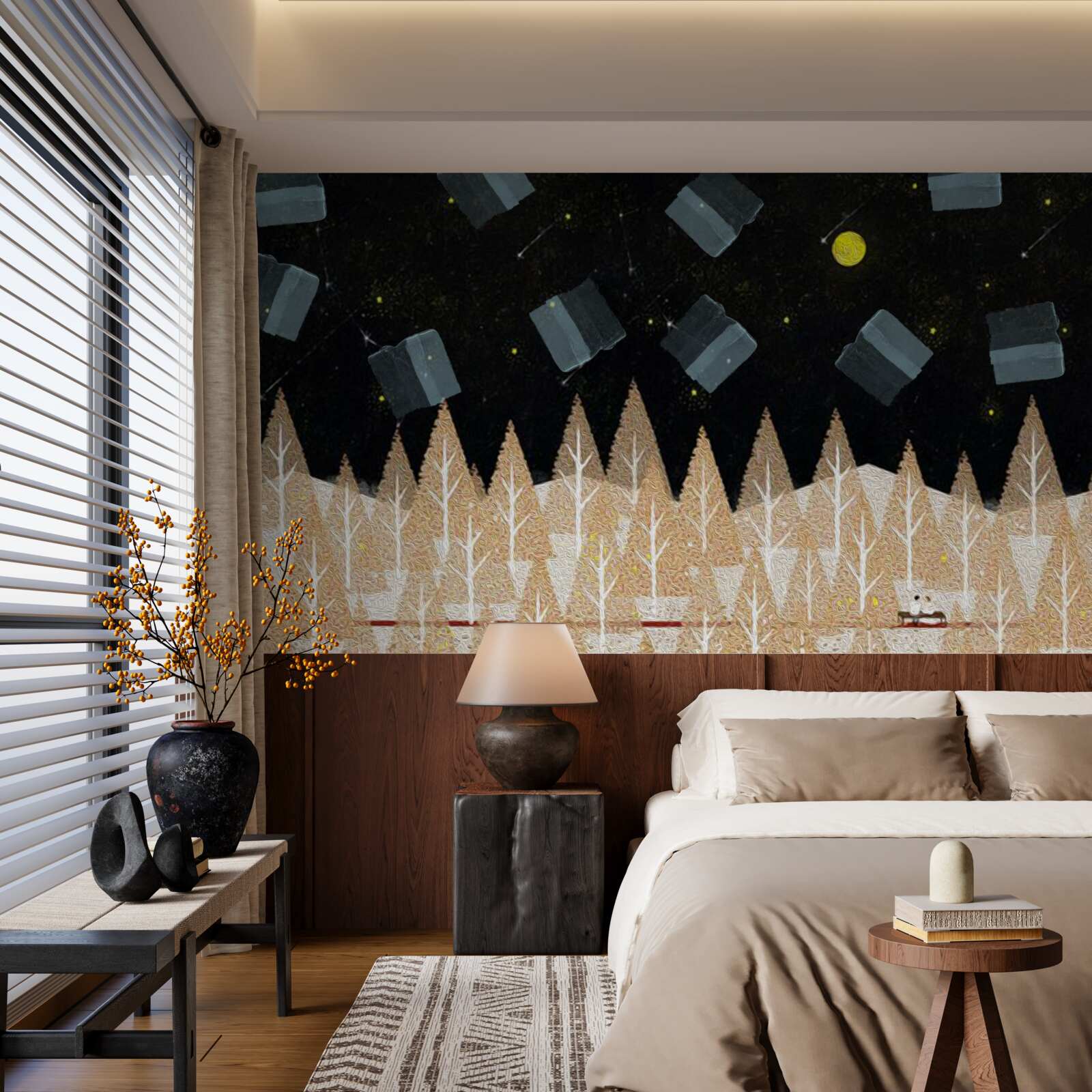 Fototapeta metafizyczny las w ciemnych i świecących gwiazdach