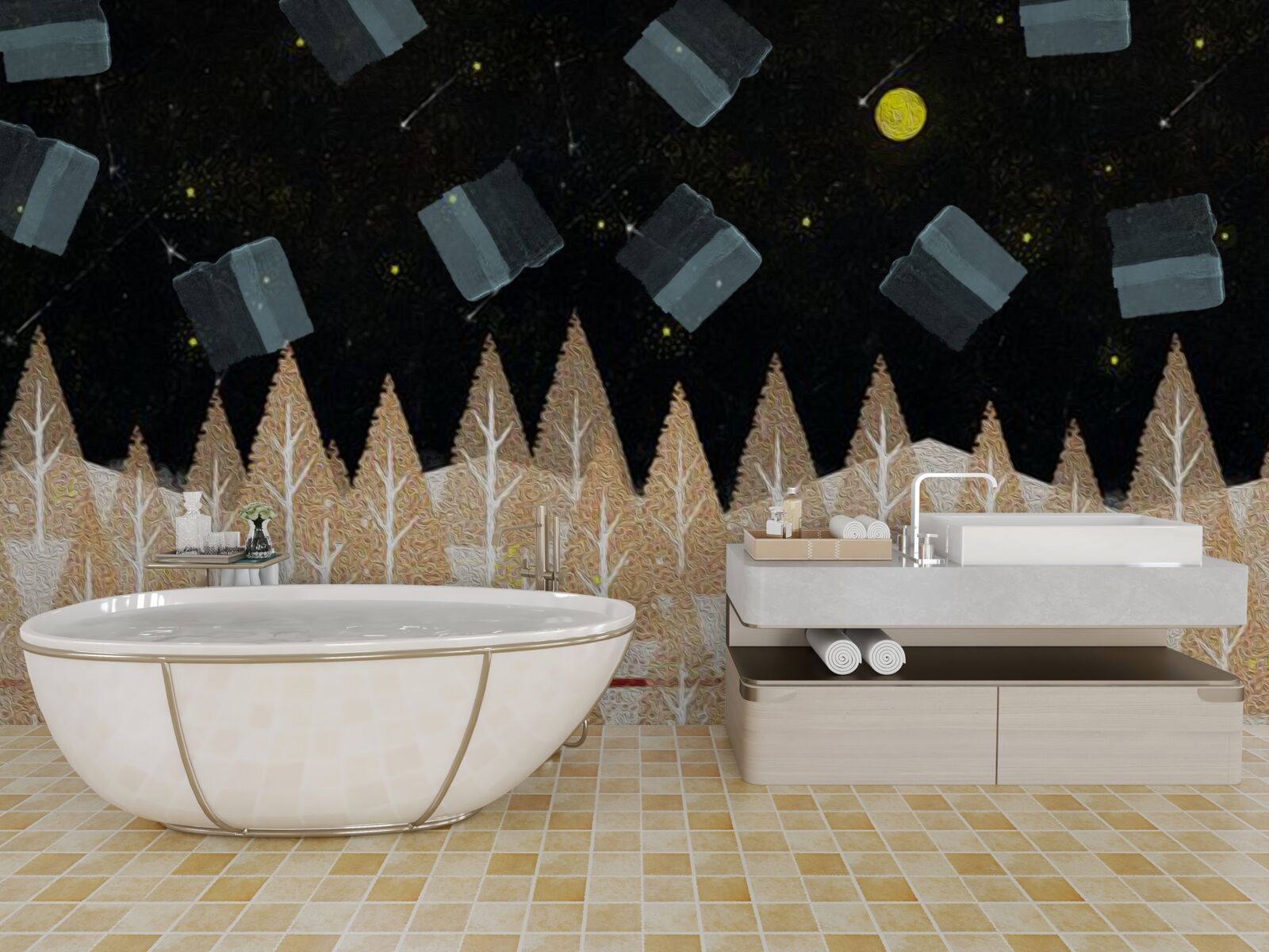 Fototapeta metafizyczny las w ciemnych i świecących gwiazdach