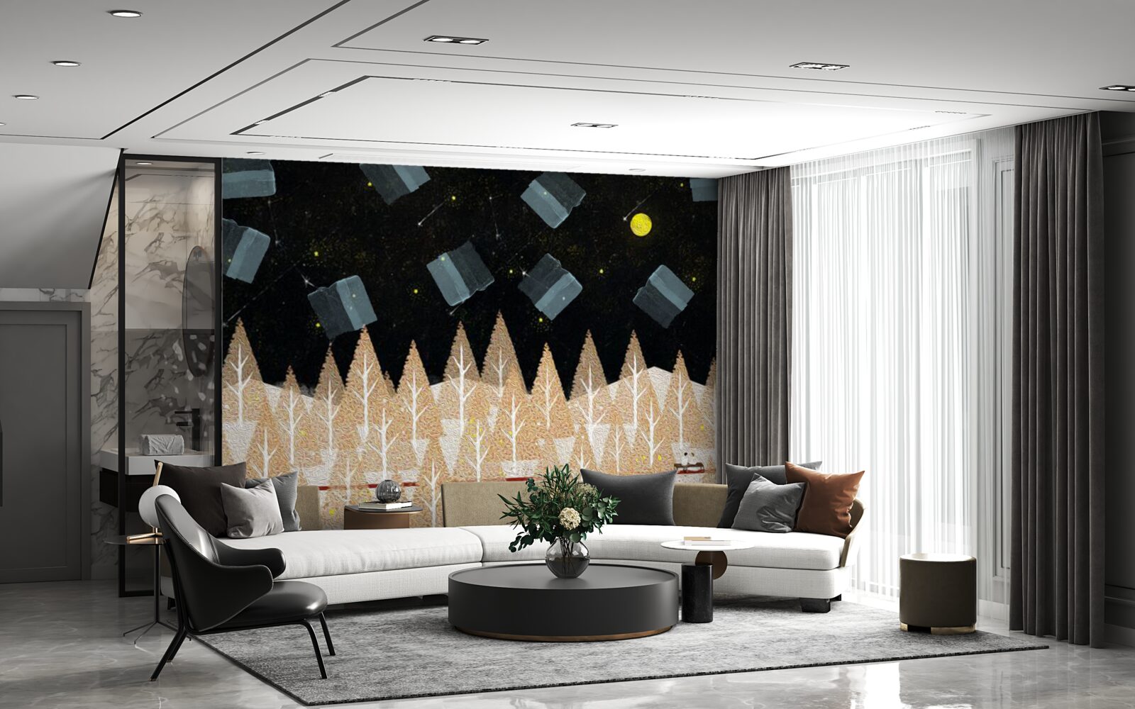 Fototapeta metafizyczny las w ciemnych i świecących gwiazdach