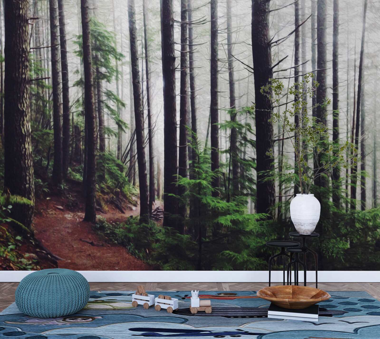 Fototapeta mglisty las jest pełen wysokich i smukłych drzew