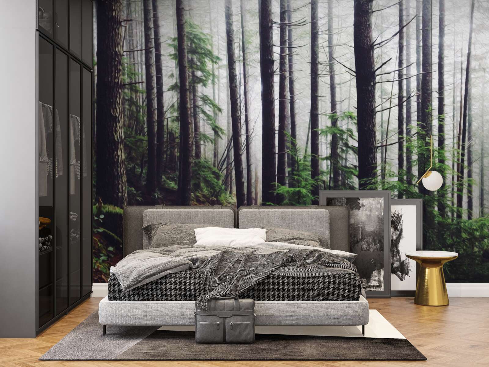 Fototapeta mglisty las jest pełen wysokich i smukłych drzew