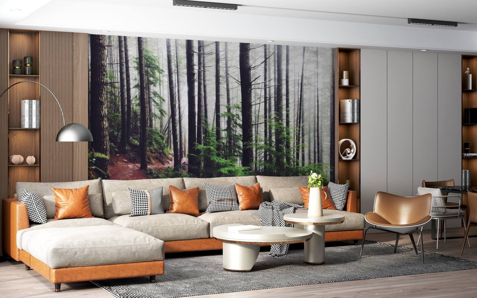 Fototapeta mglisty las jest pełen wysokich i smukłych drzew