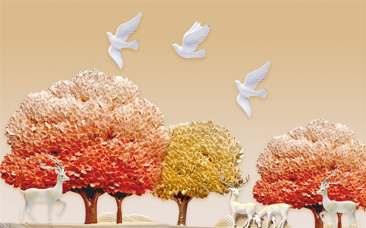 Fototapeta piękny jesienny las pod skrzydłami białych gołębi