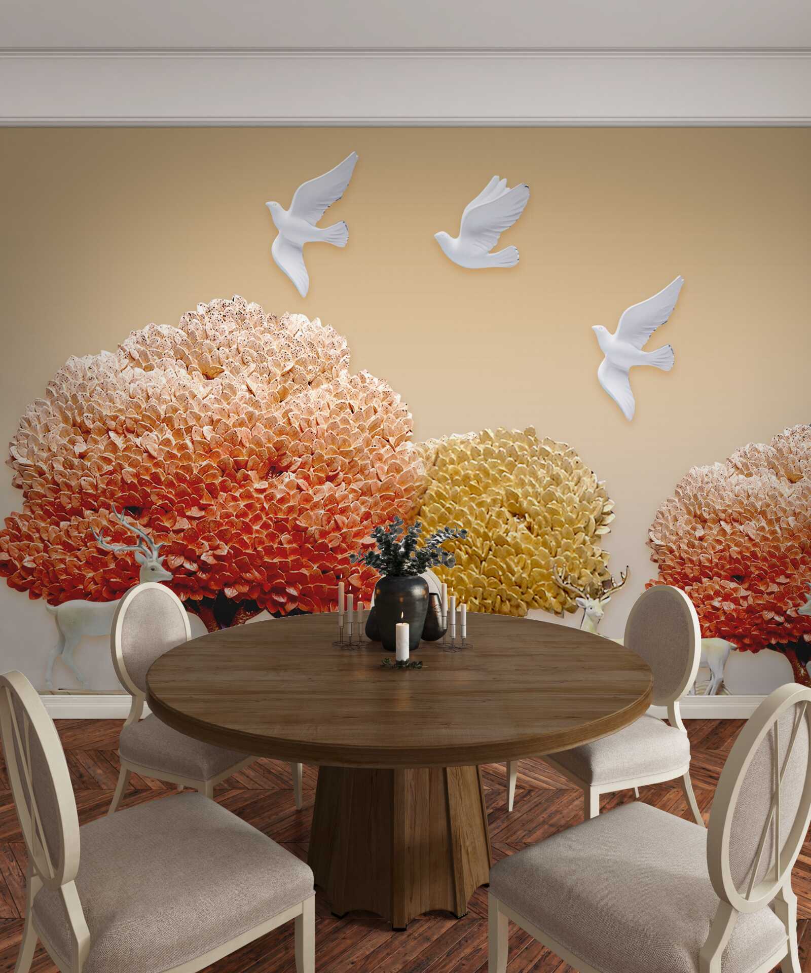 Fototapeta piękny jesienny las pod skrzydłami białych gołębi