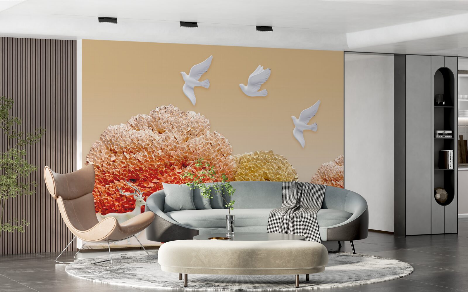 Fototapeta piękny jesienny las pod skrzydłami białych gołębi