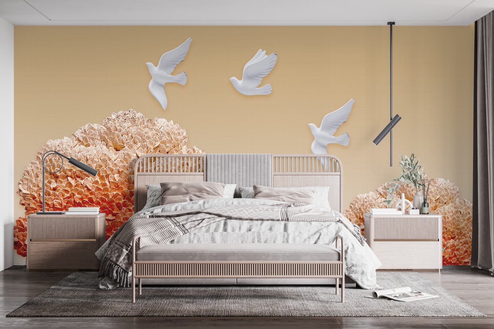 Fototapeta piękny jesienny las pod skrzydłami białych gołębi