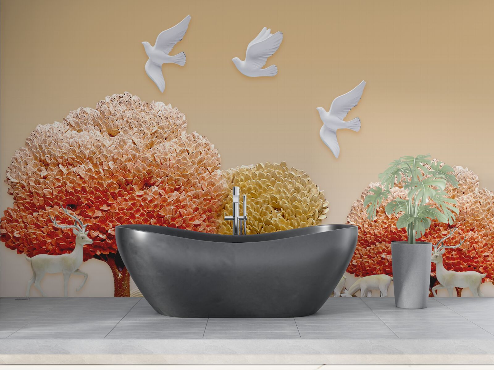 Fototapeta piękny jesienny las pod skrzydłami białych gołębi