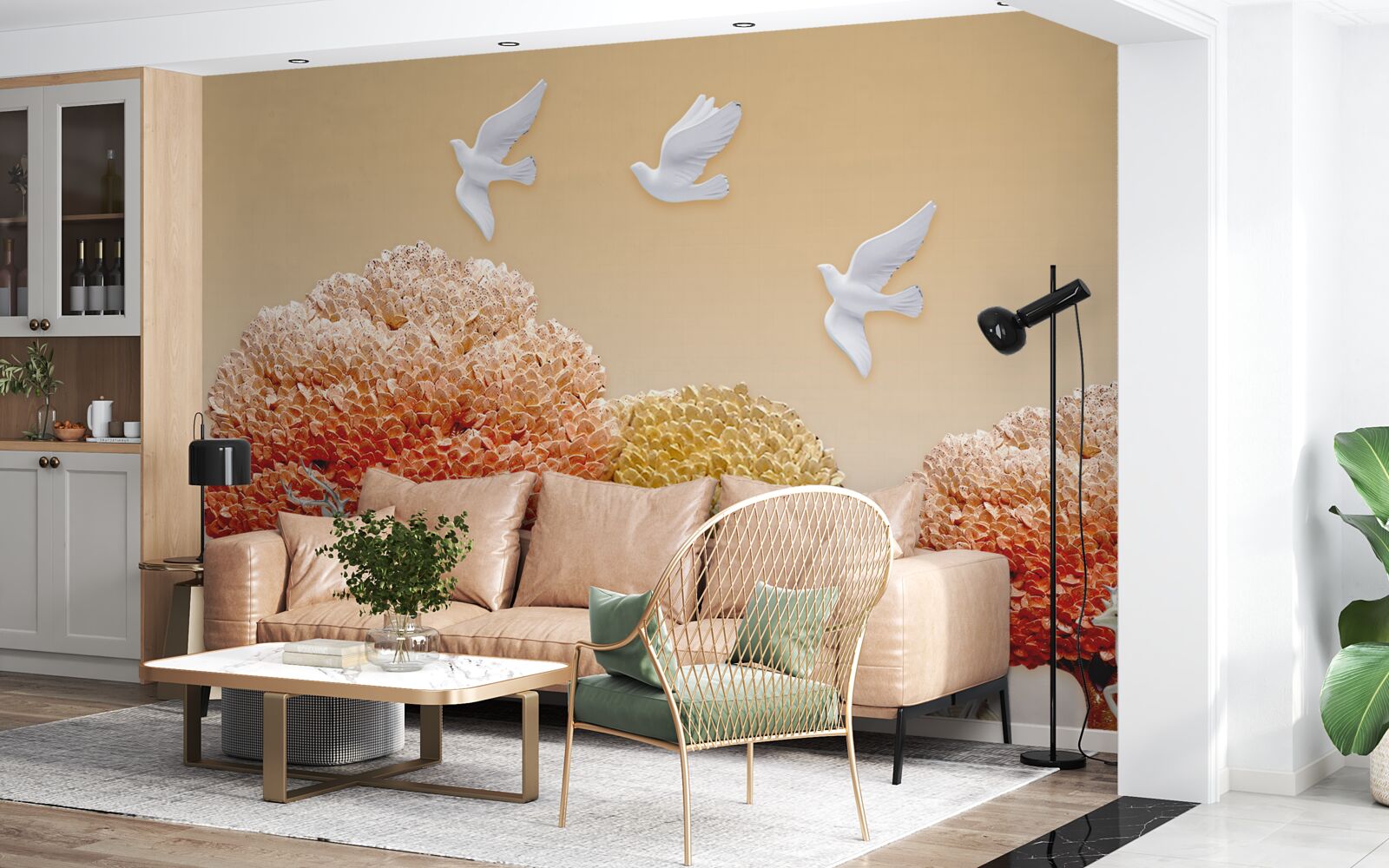 Fototapeta piękny jesienny las pod skrzydłami białych gołębi