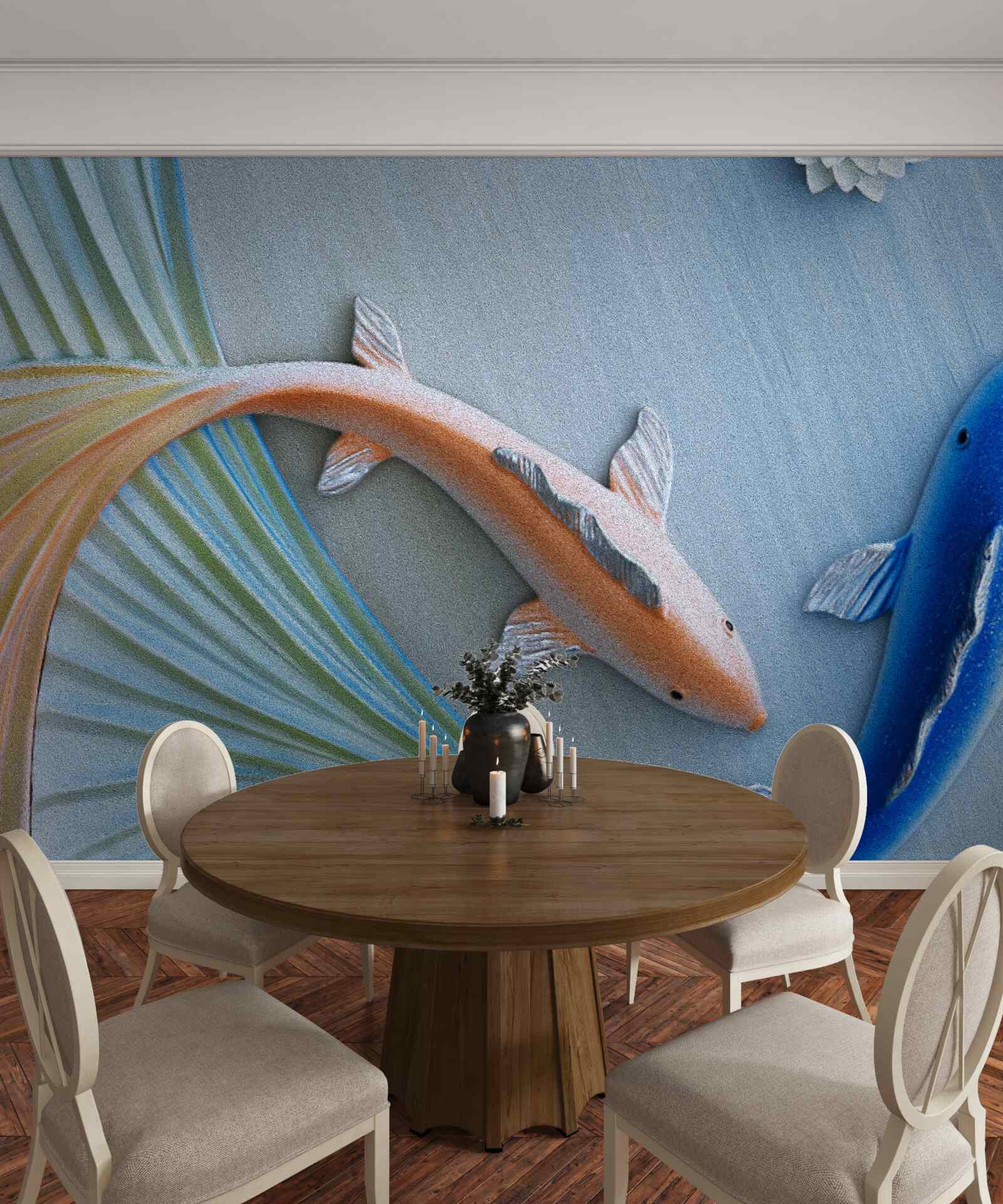 Fototapeta w wodzie pływają złote i niebieskie ryby