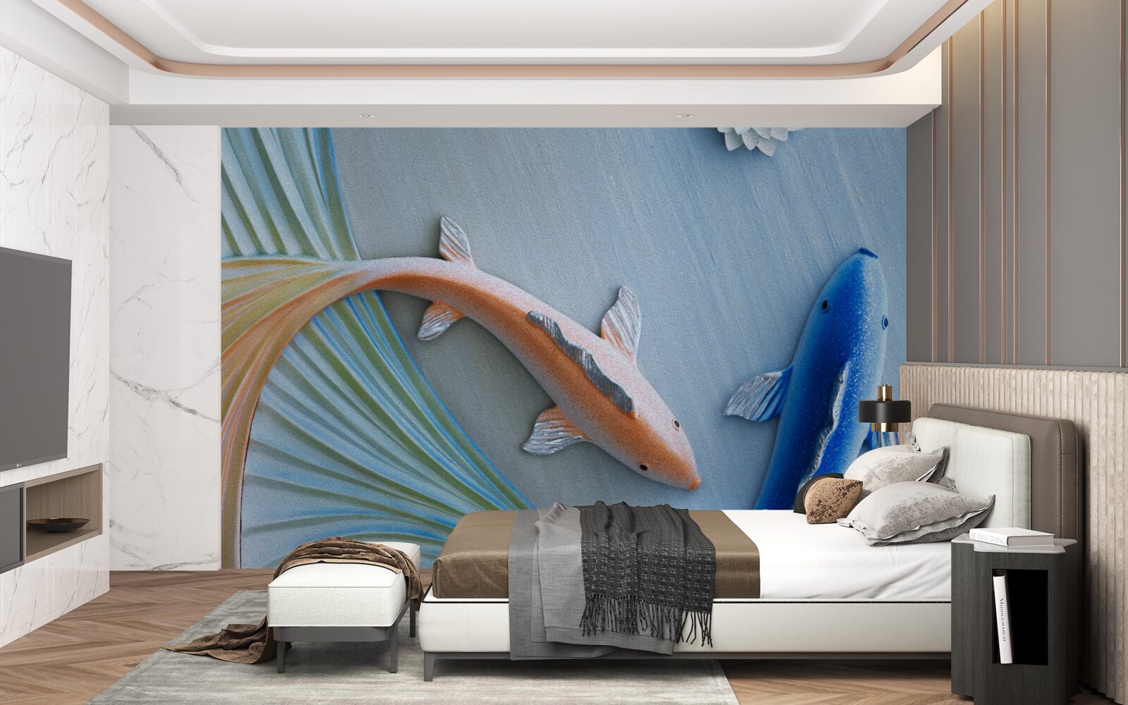 Fototapeta w wodzie pływają złote i niebieskie ryby