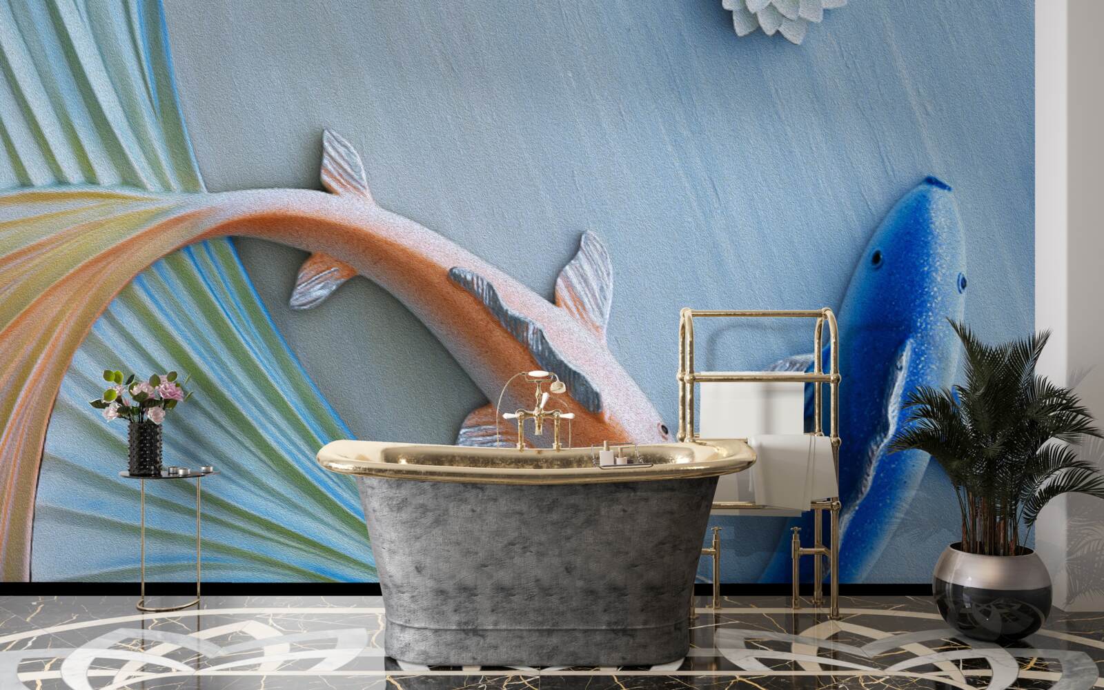 Fototapeta w wodzie pływają złote i niebieskie ryby