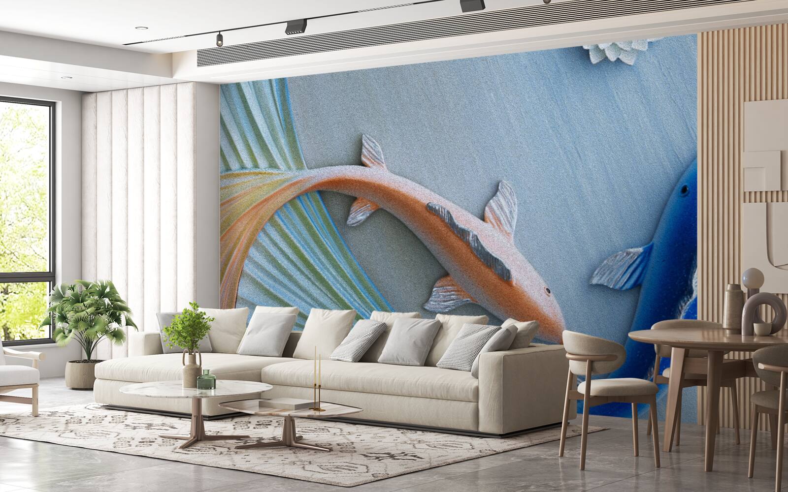 Fototapeta w wodzie pływają złote i niebieskie ryby