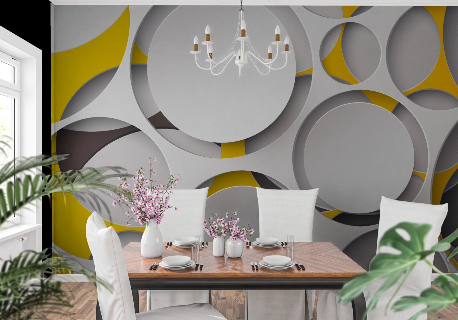 Fototapeta białe okrągłe elementy wyrzeźbione w żółtej siatce