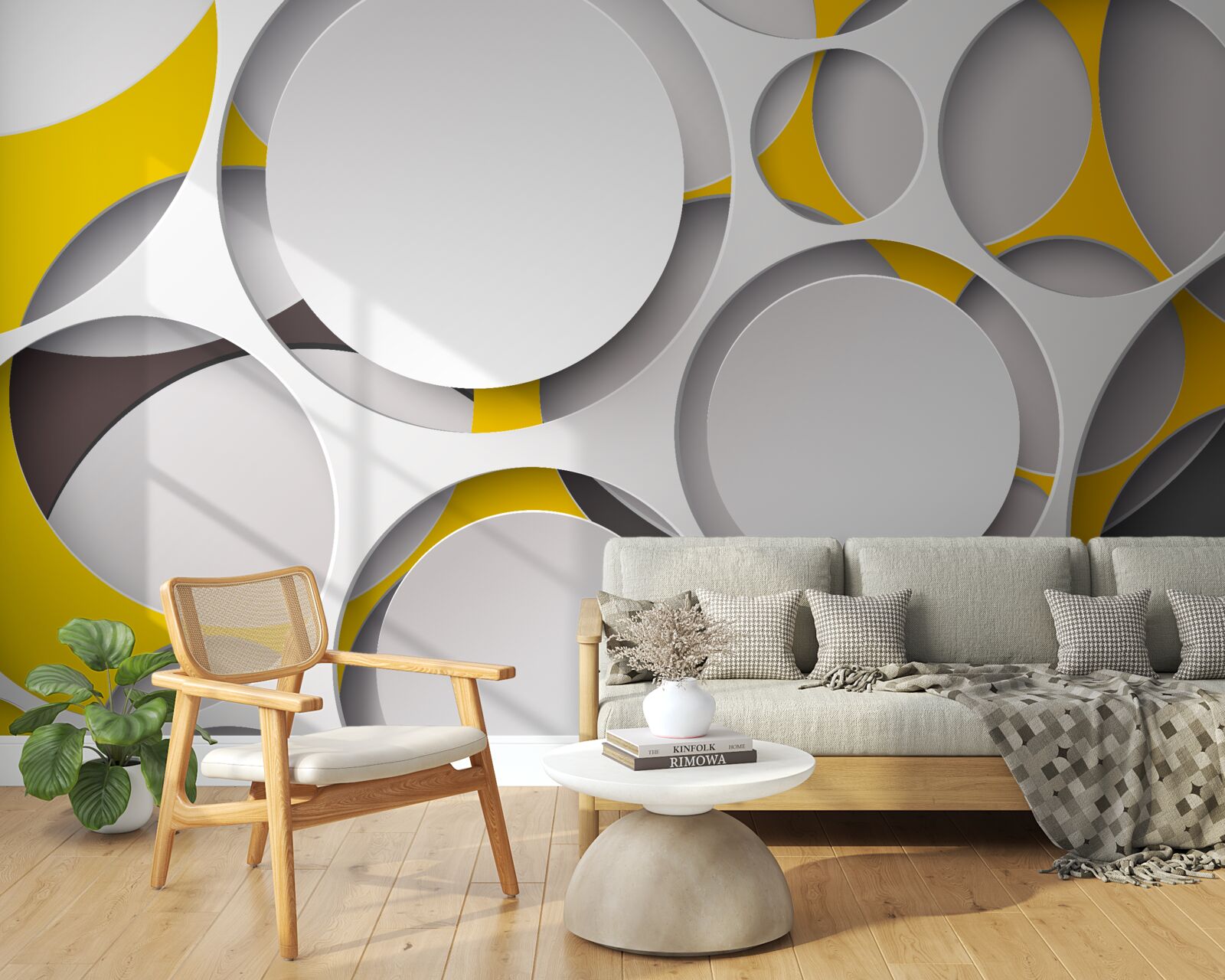 Fototapeta białe okrągłe elementy wyrzeźbione w żółtej siatce