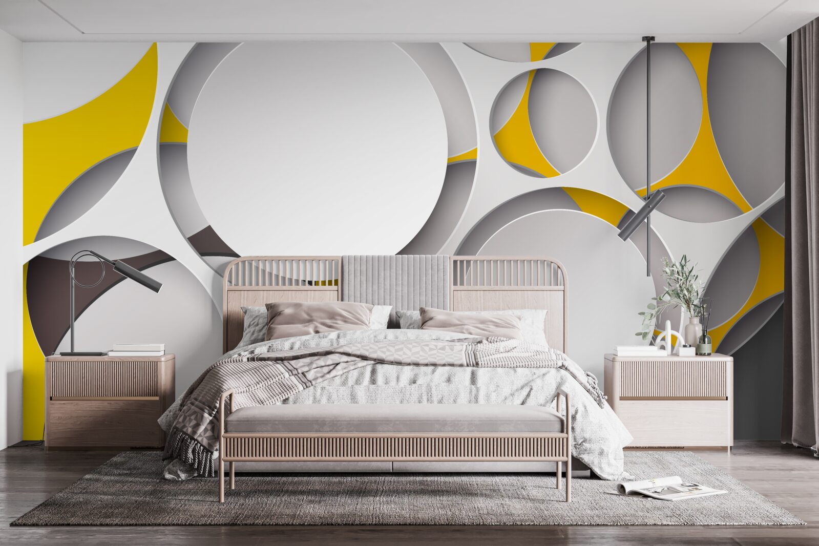 Fototapeta białe okrągłe elementy wyrzeźbione w żółtej siatce