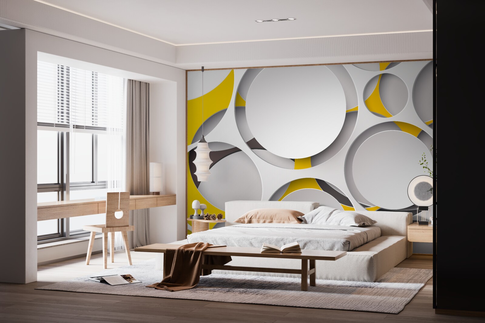 Fototapeta białe okrągłe elementy wyrzeźbione w żółtej siatce