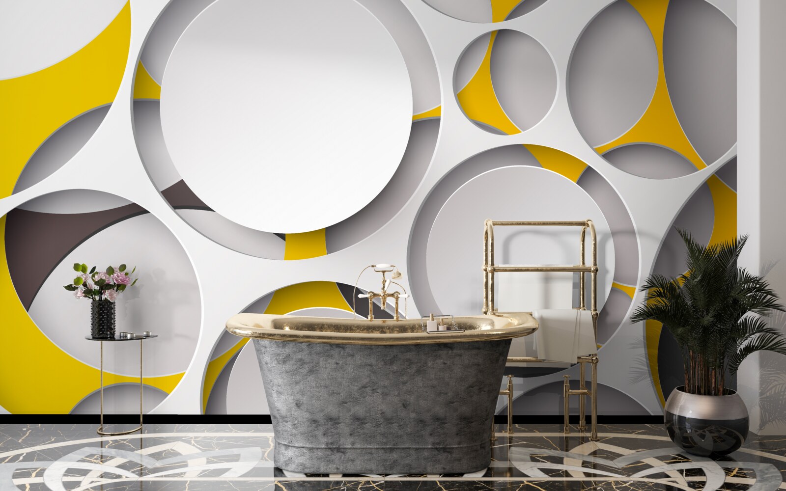 Fototapeta białe okrągłe elementy wyrzeźbione w żółtej siatce