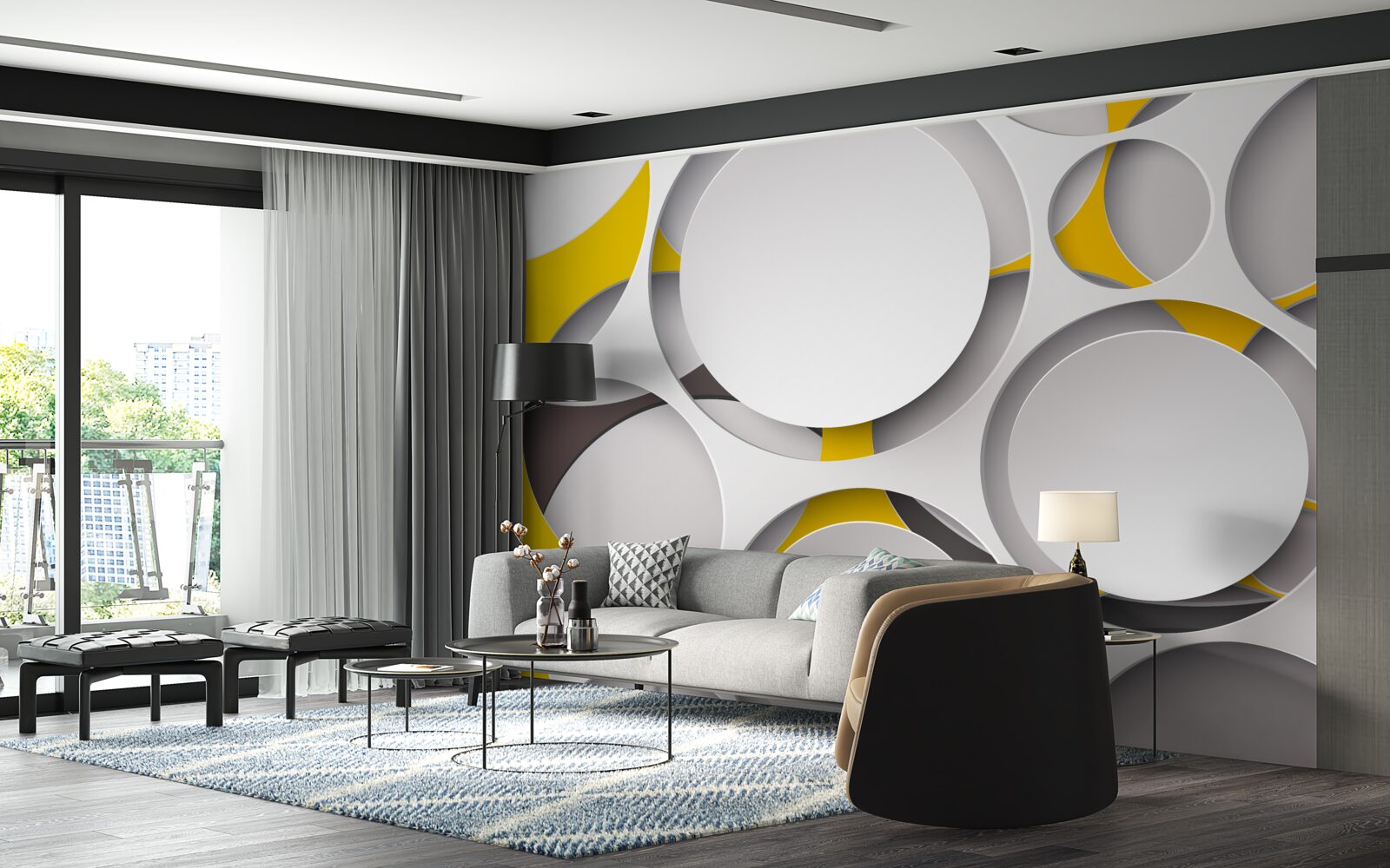 Fototapeta białe okrągłe elementy wyrzeźbione w żółtej siatce