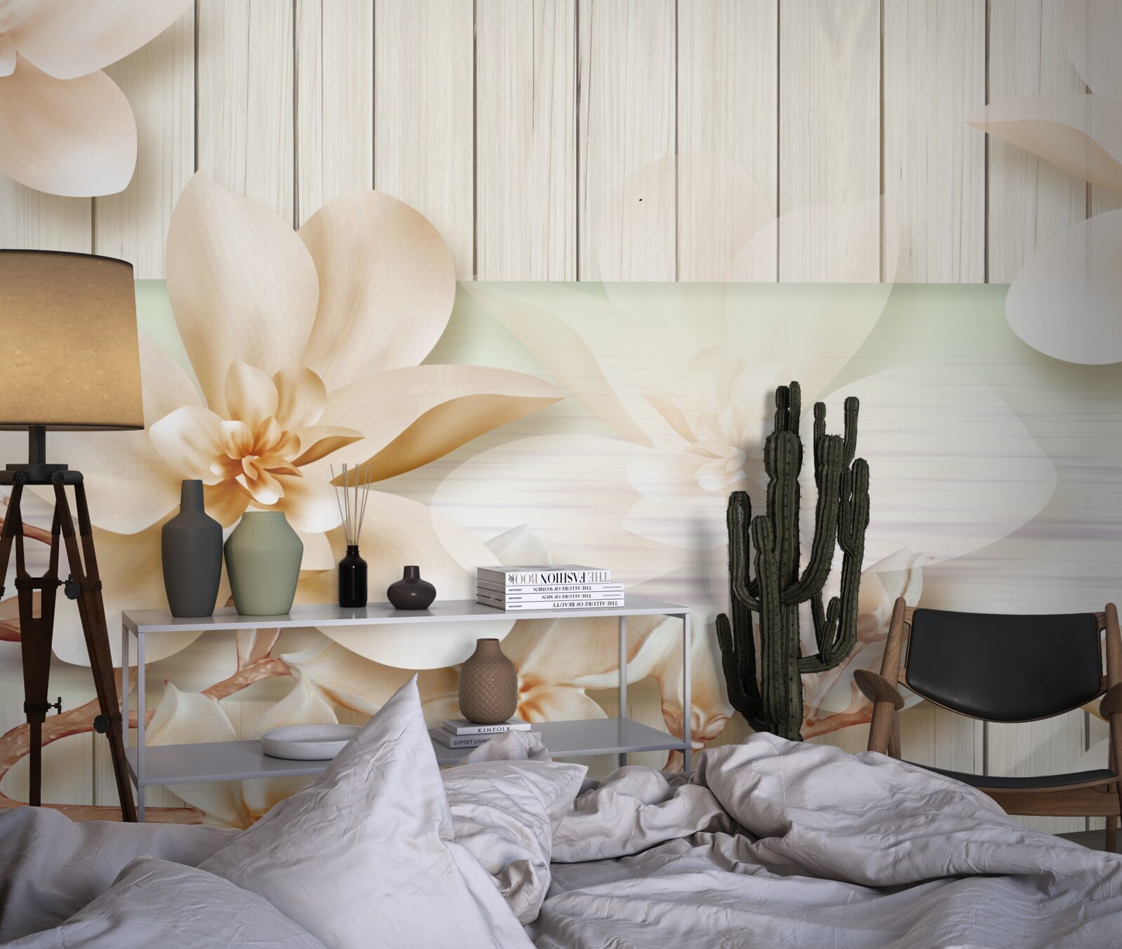 Fototapeta jasne brzoskwinie pączkowe na śnieżnobiałym parkiecie