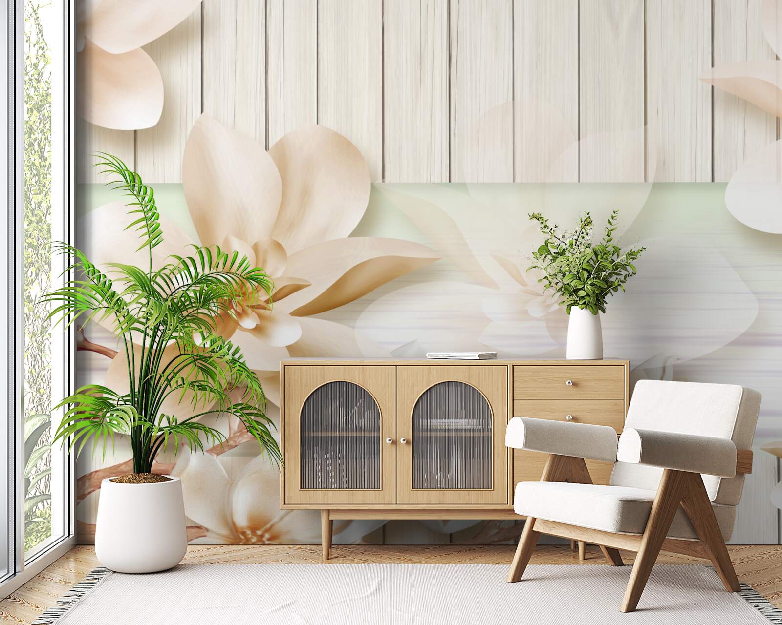 Fototapeta jasne brzoskwinie pączkowe na śnieżnobiałym parkiecie