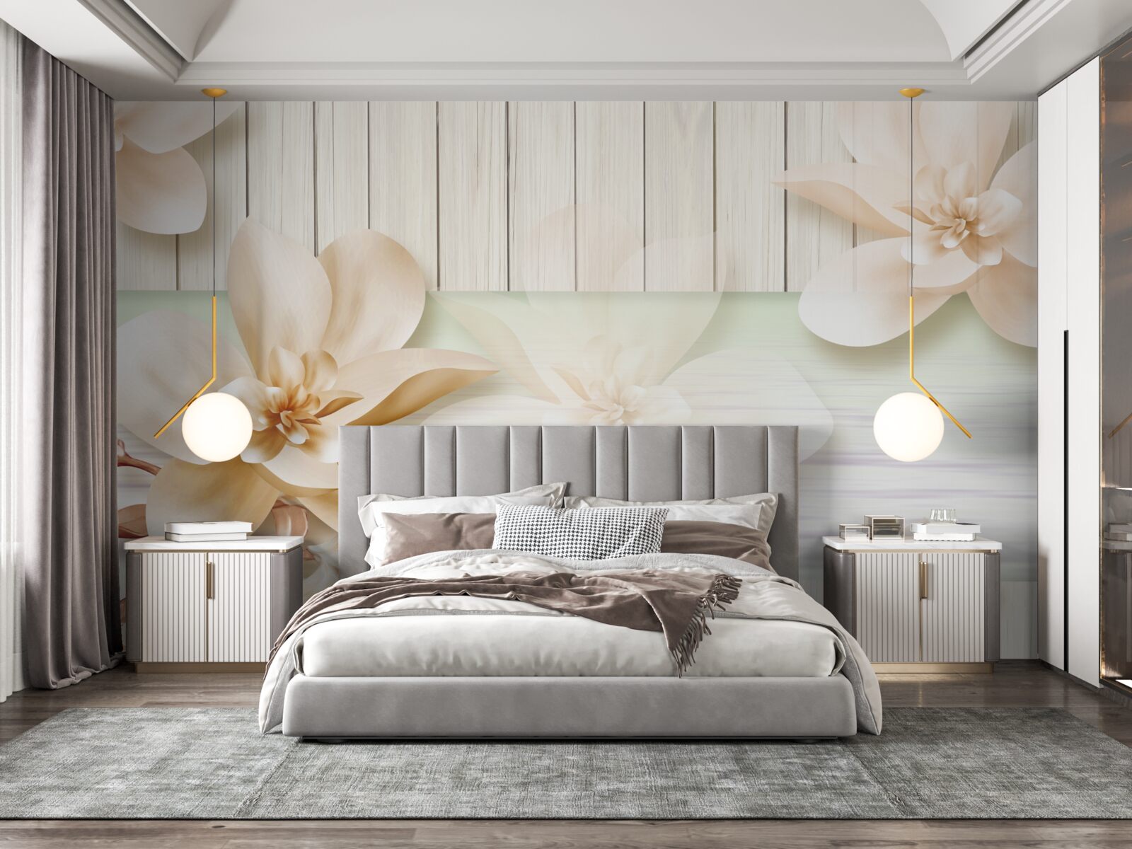 Fototapeta jasne brzoskwinie pączkowe na śnieżnobiałym parkiecie