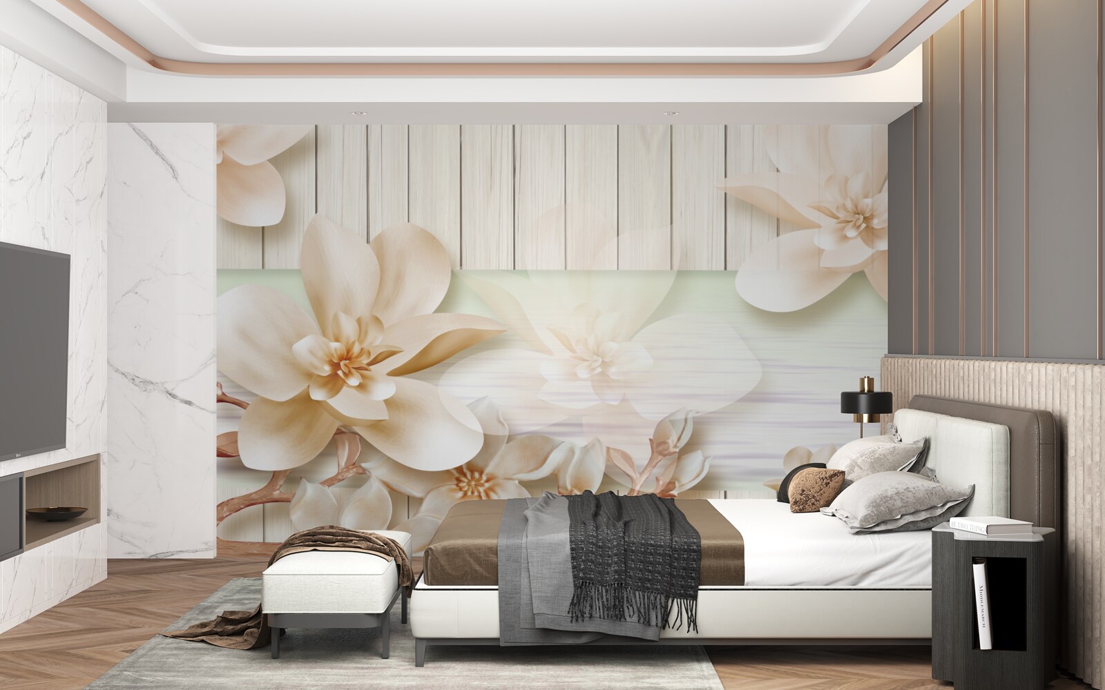 Fototapeta jasne brzoskwinie pączkowe na śnieżnobiałym parkiecie