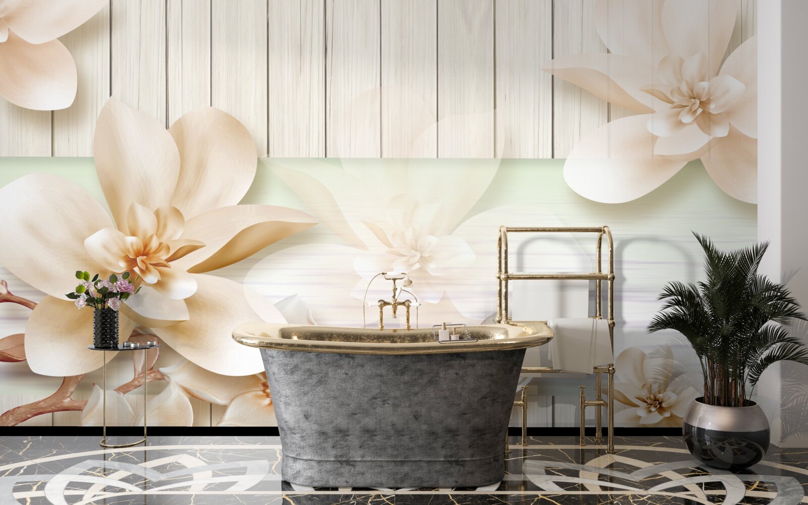 Fototapeta jasne brzoskwinie pączkowe na śnieżnobiałym parkiecie