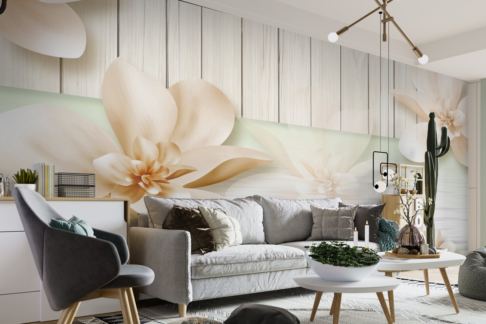 Fototapeta jasne brzoskwinie pączkowe na śnieżnobiałym parkiecie