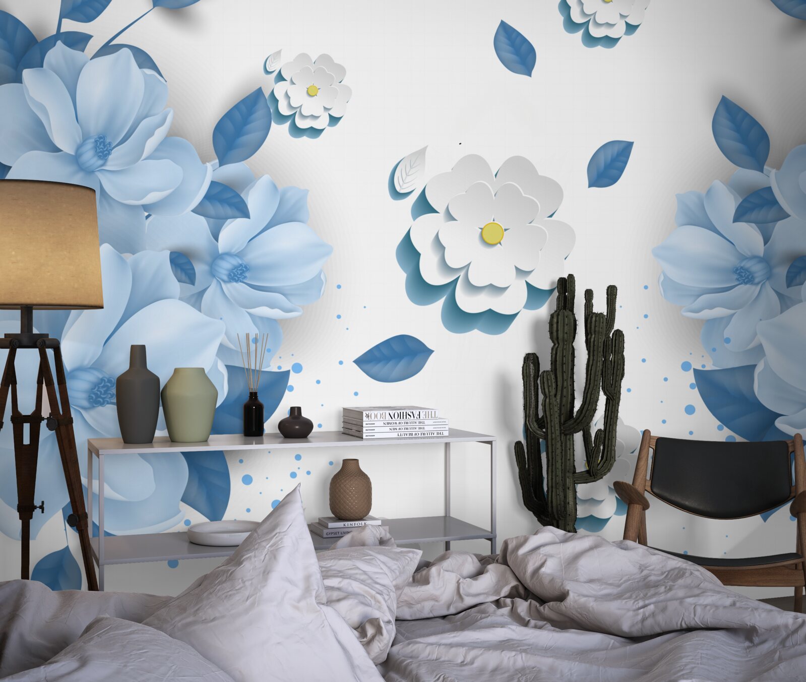 Fototapeta kwiaty o delikatnym niebieskim odcieniu na śnieżnobiałym tle