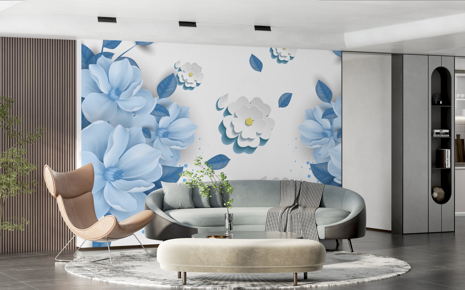 Fototapeta kwiaty o delikatnym niebieskim odcieniu na śnieżnobiałym tle