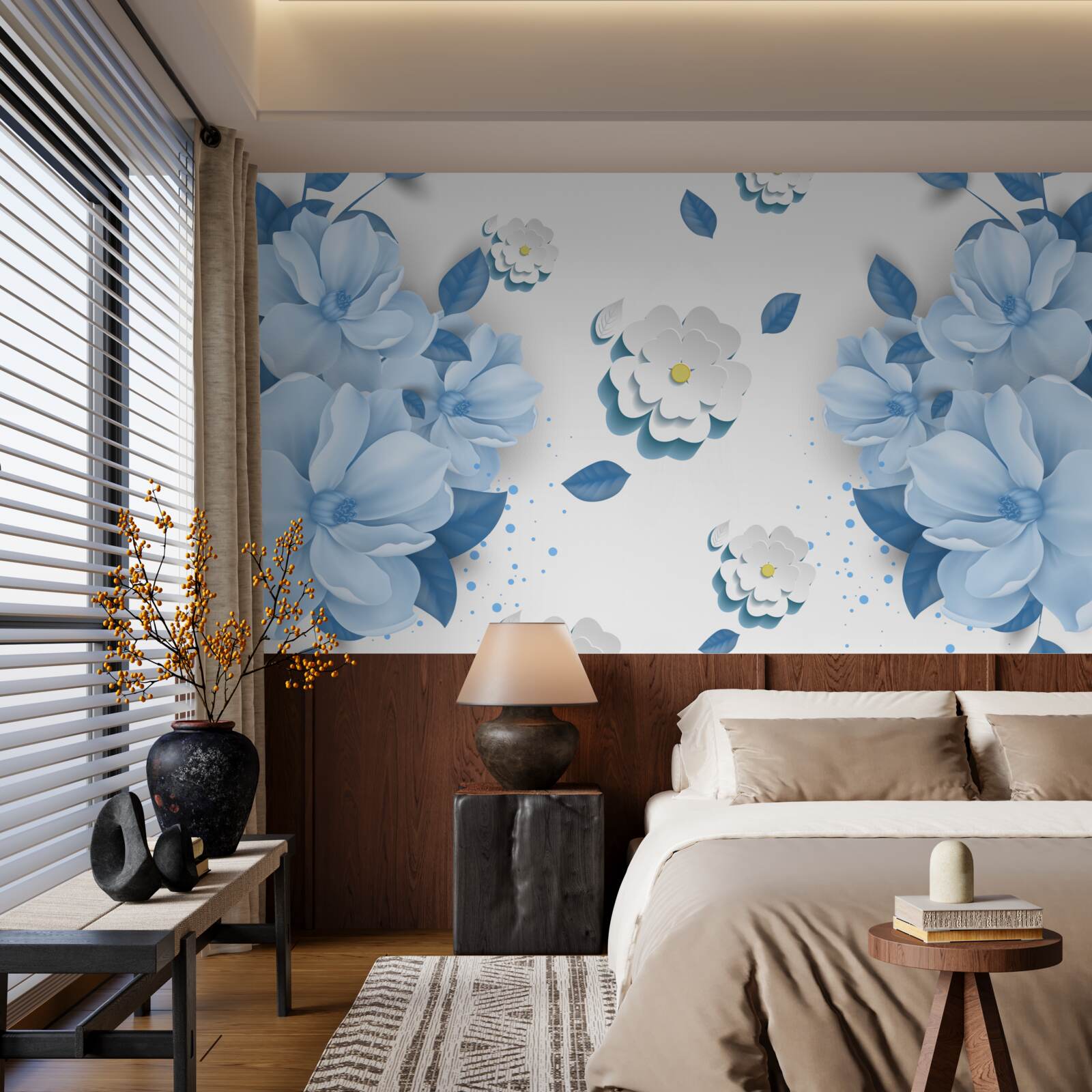 Fototapeta kwiaty o delikatnym niebieskim odcieniu na śnieżnobiałym tle