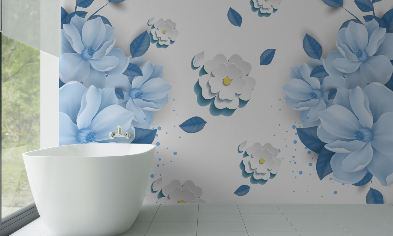 Fototapeta kwiaty o delikatnym niebieskim odcieniu na śnieżnobiałym tle