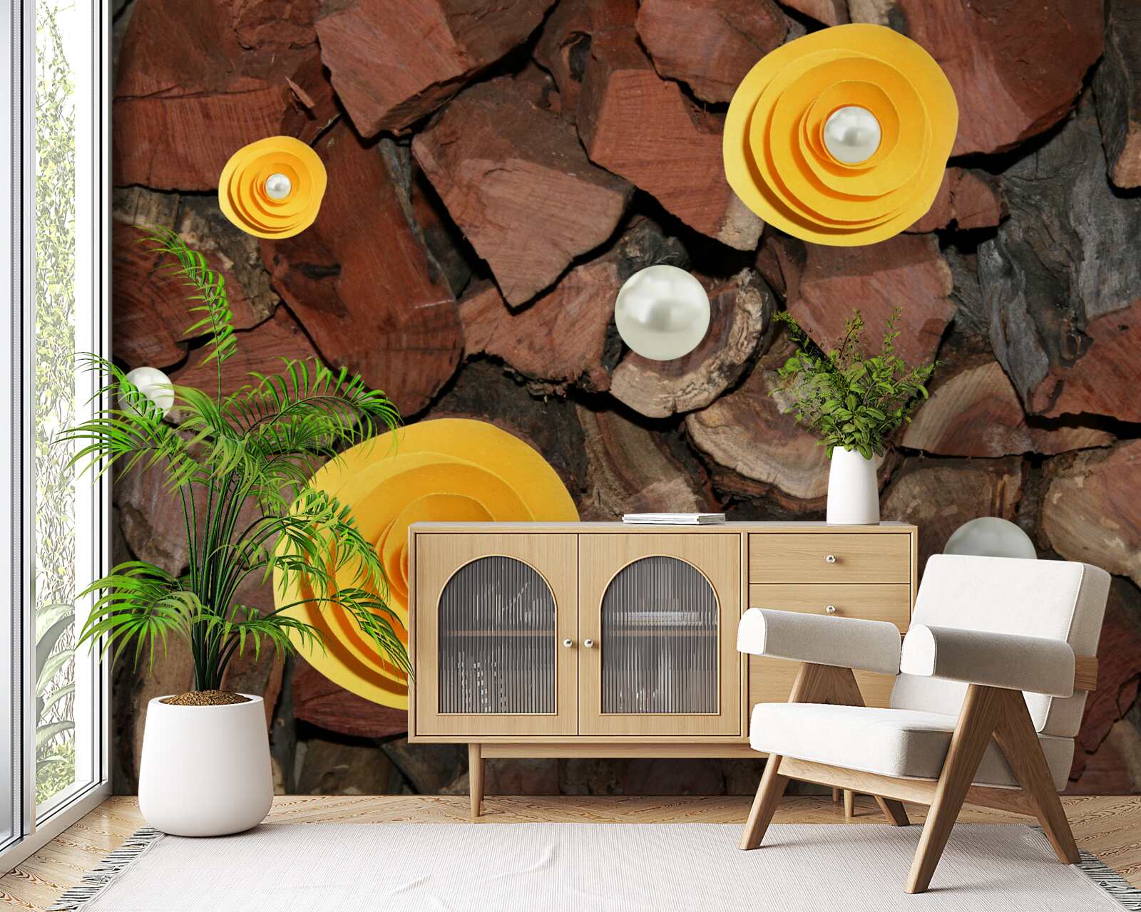 Fototapeta kwiaty o żółtym odcieniu, perły i kawałki drewna