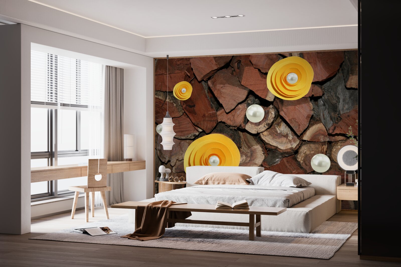 Fototapeta kwiaty o żółtym odcieniu, perły i kawałki drewna