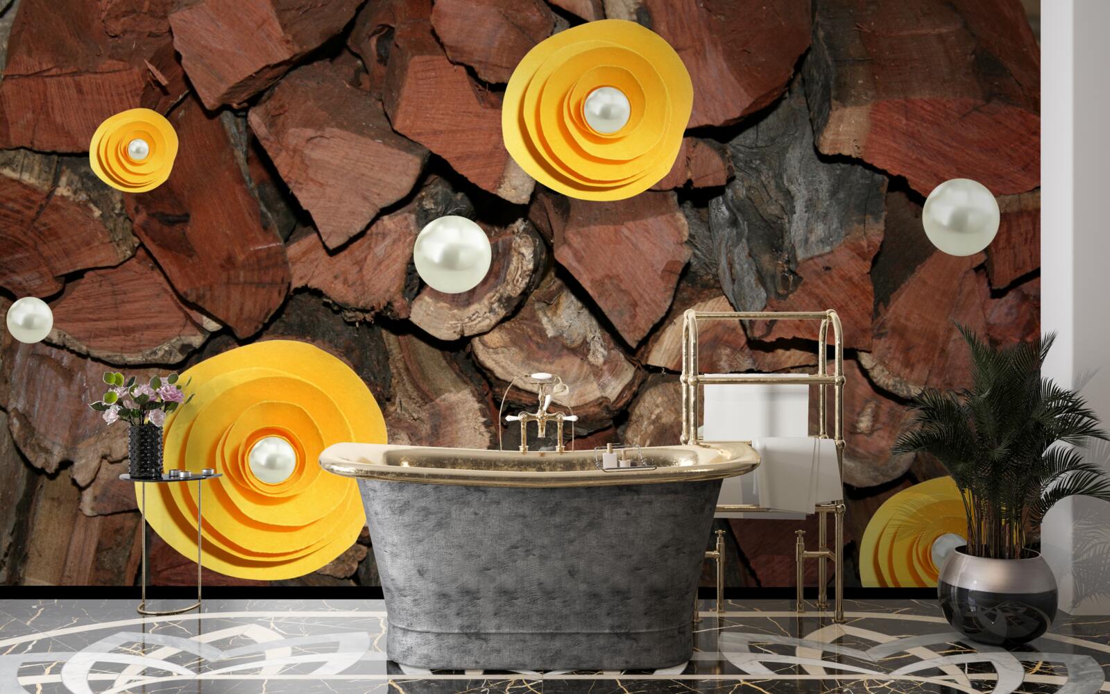 Fototapeta kwiaty o żółtym odcieniu, perły i kawałki drewna