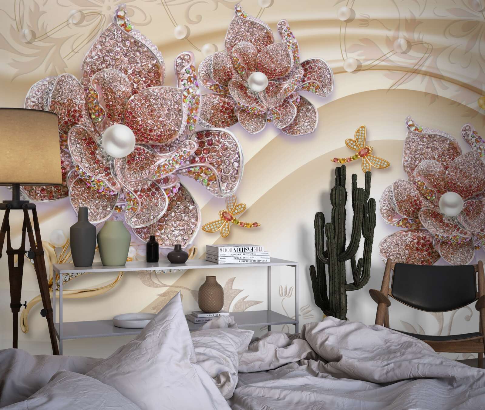 Fototapeta kompozycja kwiatów perłowych i motyli