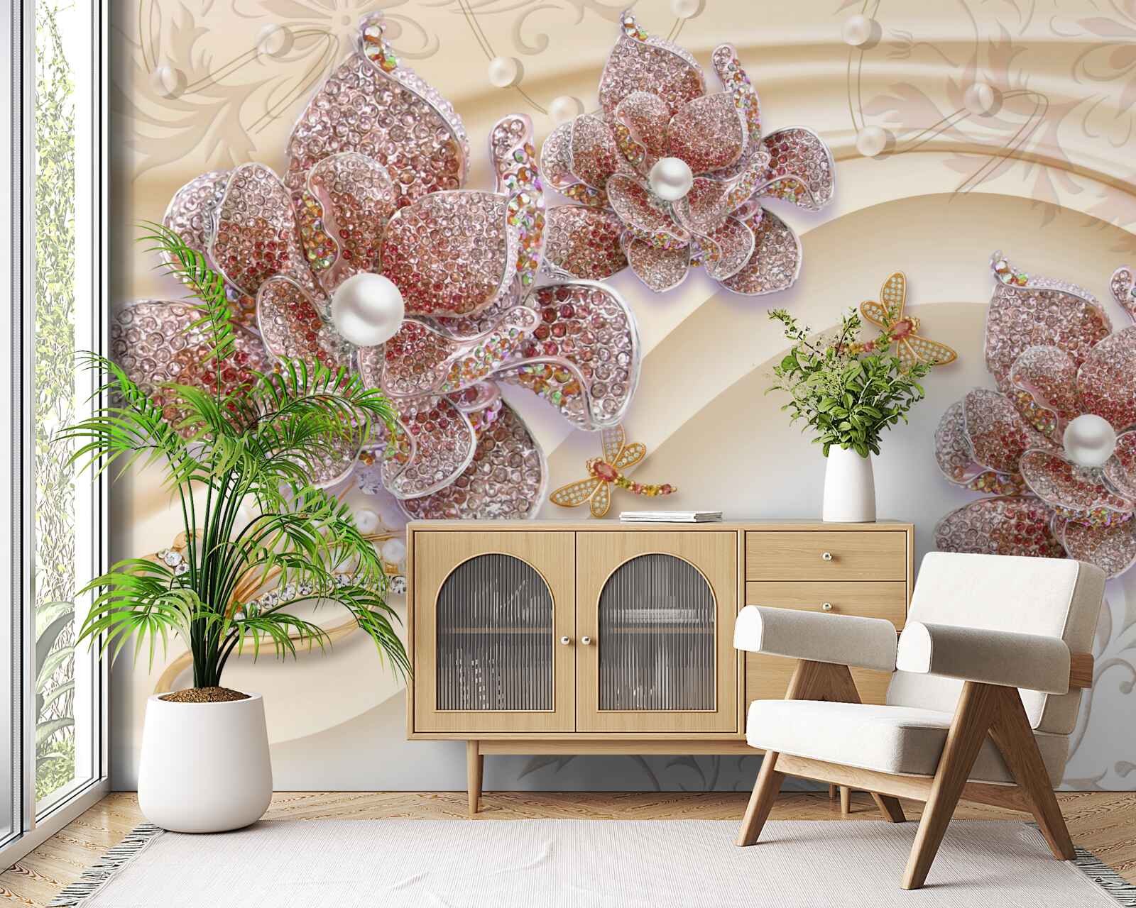 Fototapeta kompozycja kwiatów perłowych i motyli