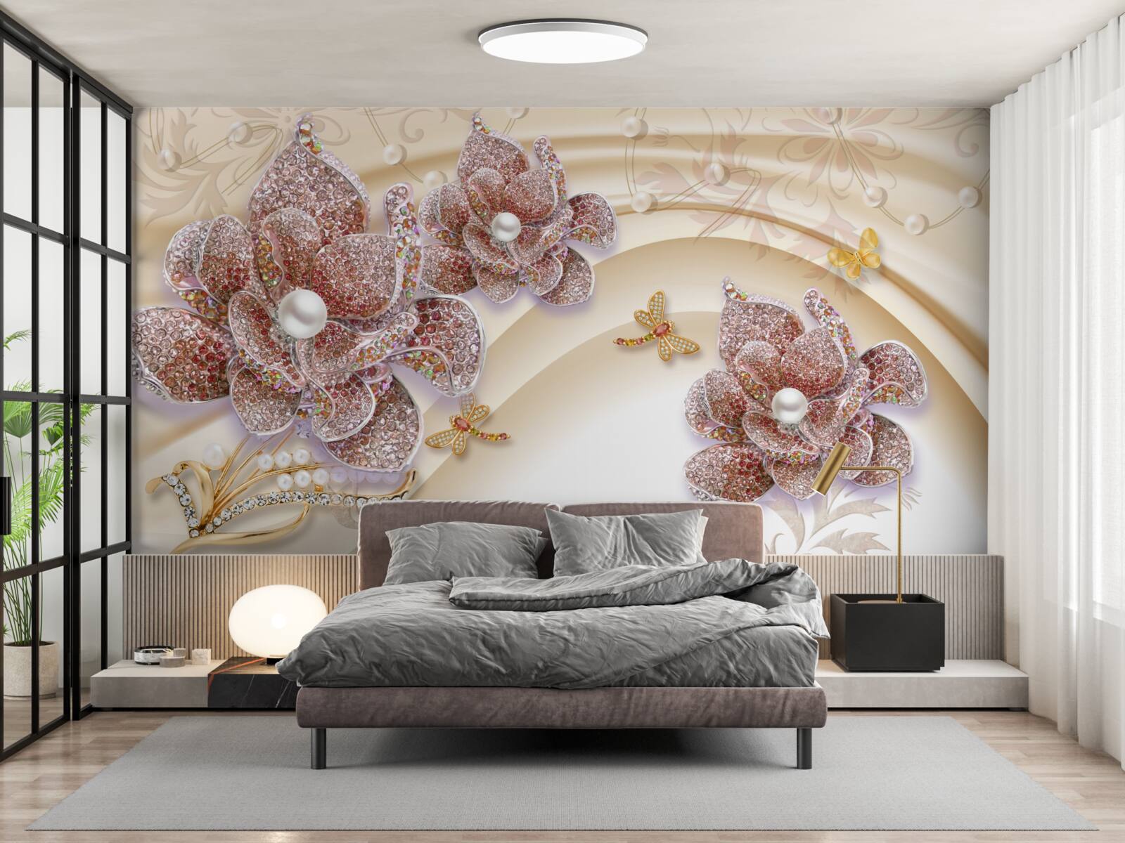 Fototapeta kompozycja kwiatów perłowych i motyli