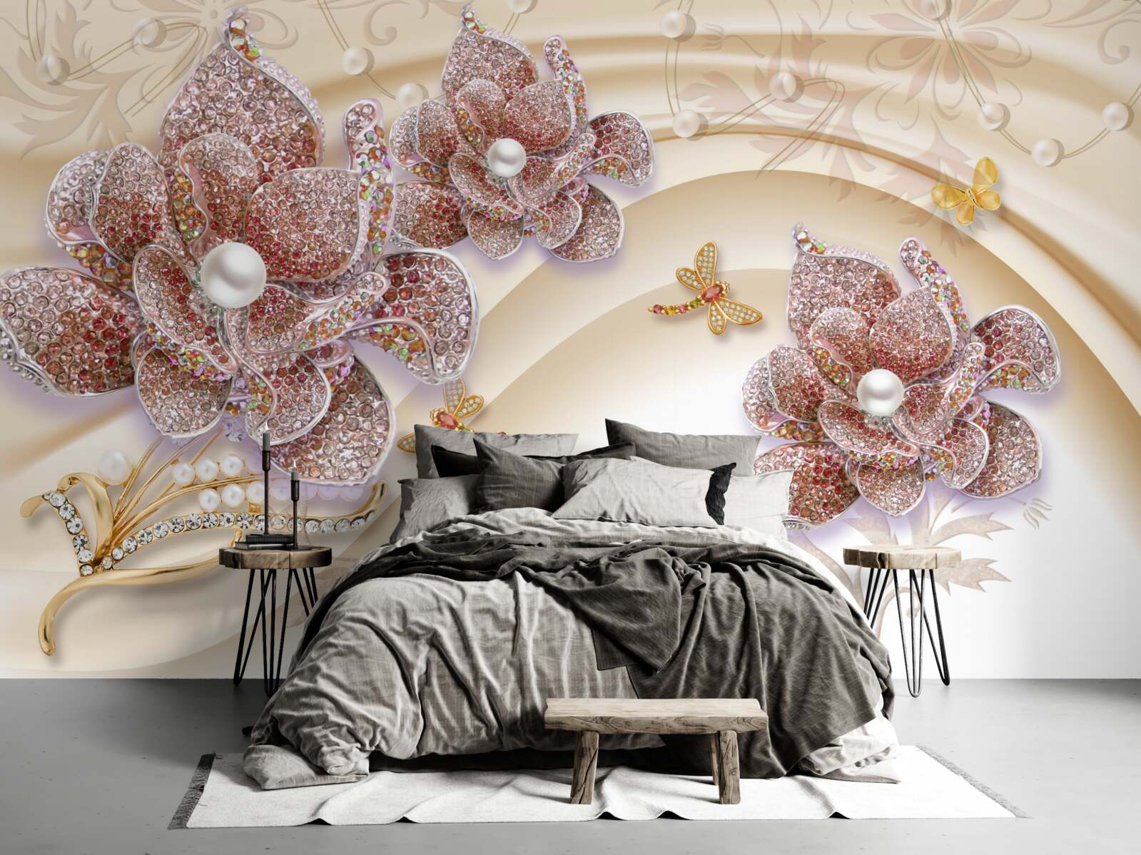 Fototapeta kompozycja kwiatów perłowych i motyli