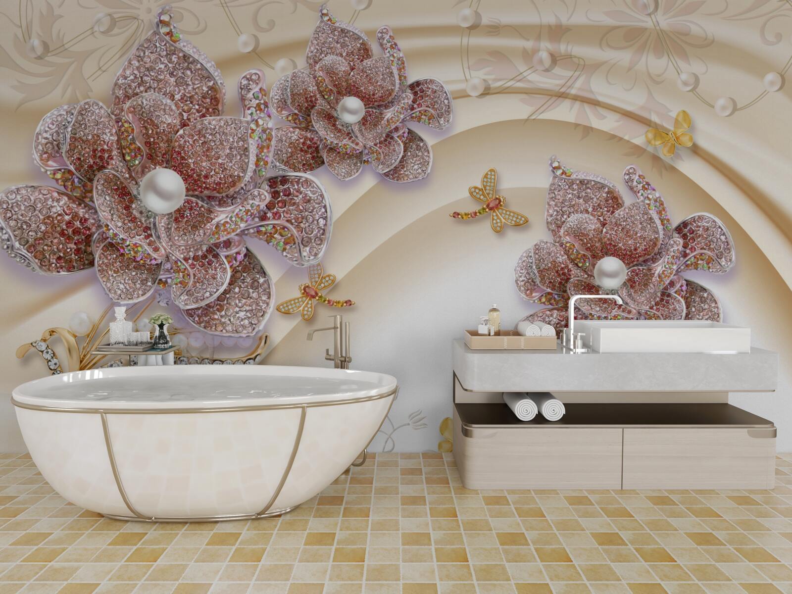 Fototapeta kompozycja kwiatów perłowych i motyli