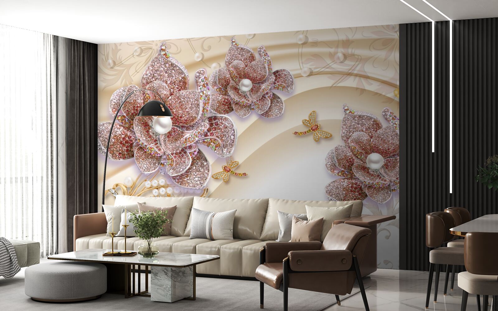 Fototapeta kompozycja kwiatów perłowych i motyli