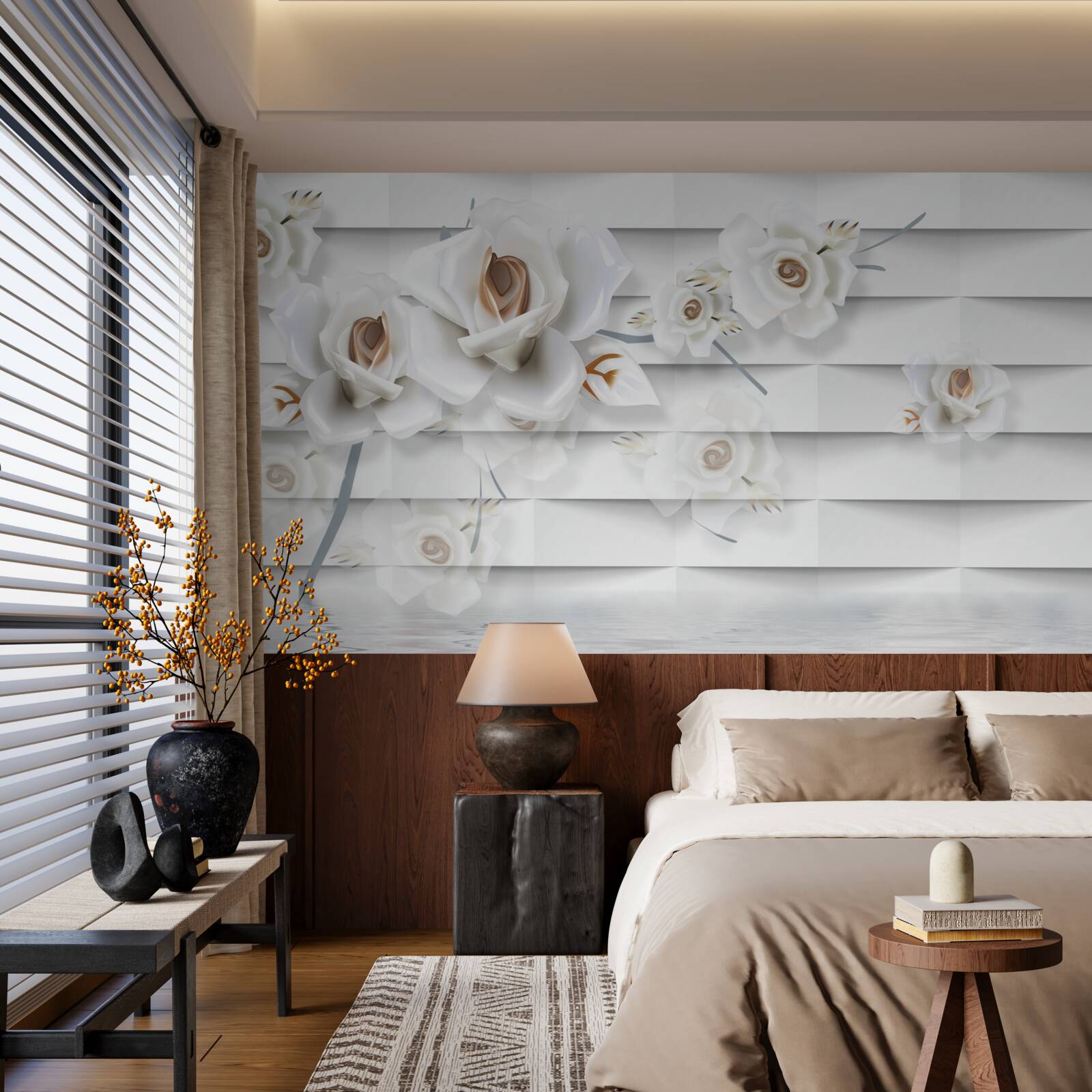 Fototapeta spokojna woda usiana jest białymi kwiatami