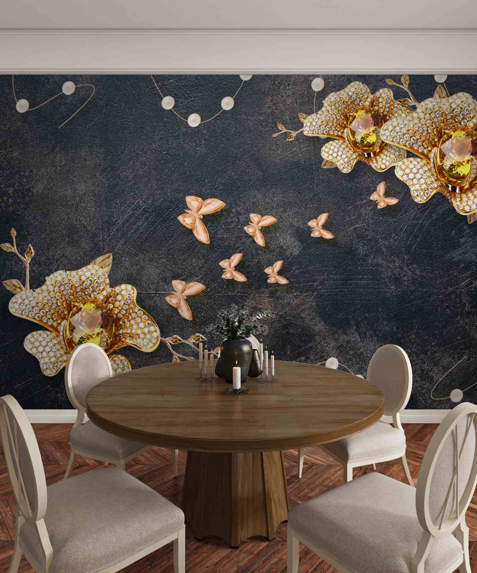 Fototapeta wieczorem motyle ozdabiają złote kwiaty