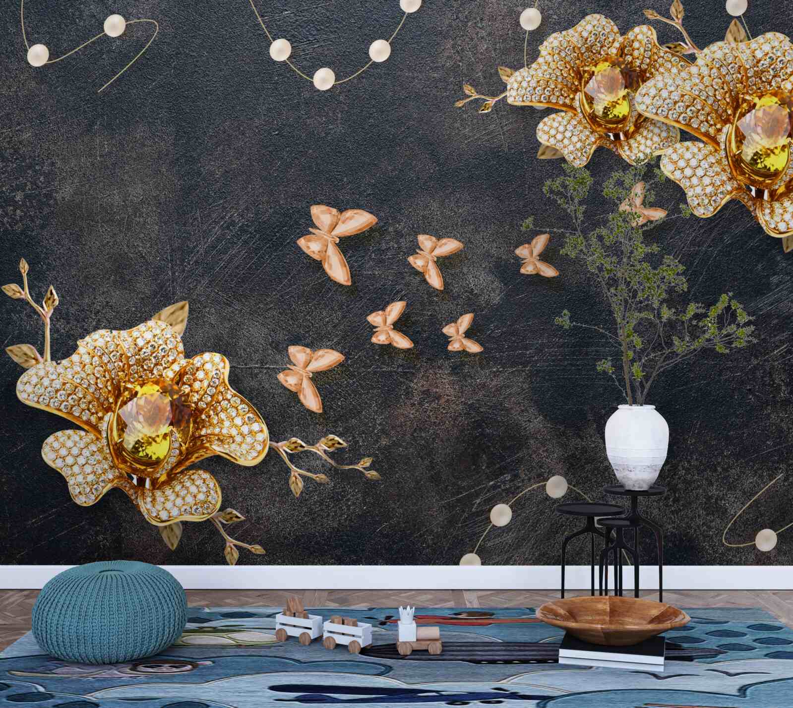 Fototapeta wieczorem motyle ozdabiają złote kwiaty