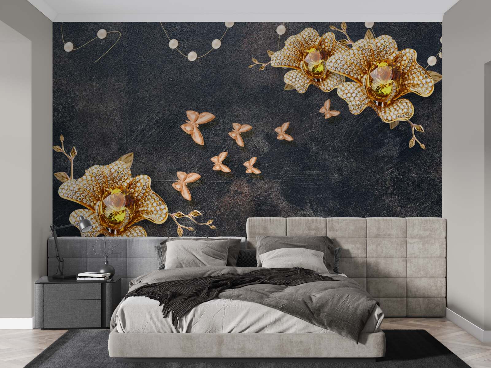 Fototapeta wieczorem motyle ozdabiają złote kwiaty